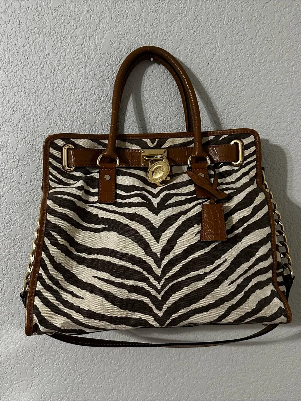 Michael Kors Hamilton Zebra Print Canvas Leather Tote Bag